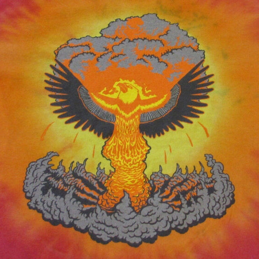 Artistic depiction of a phoenix rising from a mushroom cloud on a tie-dye background.