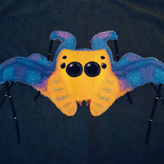 Illustration of a blue Portia jumping spider with black feet on a dark background