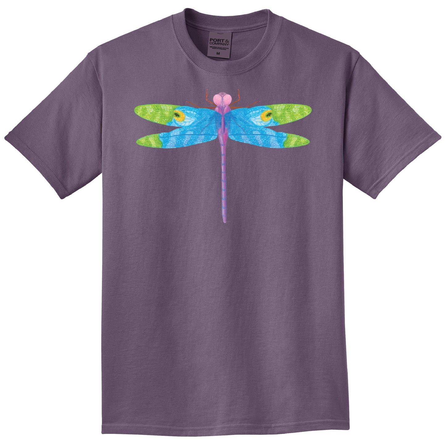 Purple t-shirt with a colorful dragonfly design on a white background