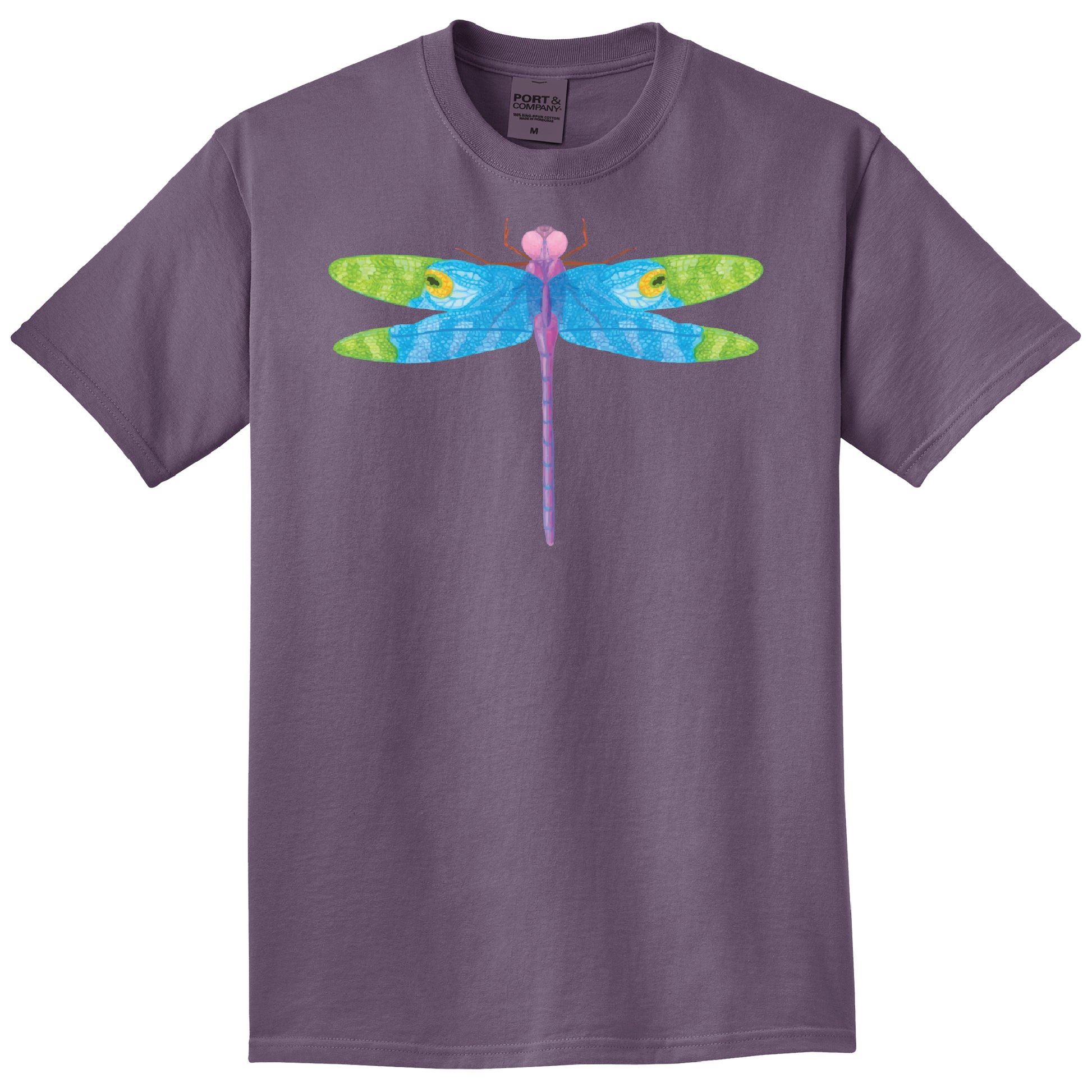 Purple t-shirt with a colorful dragonfly design on a white background