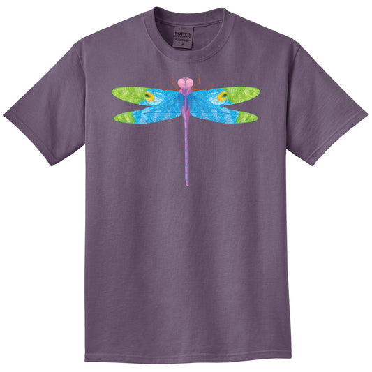 Purple t-shirt with a colorful dragonfly design on a white background