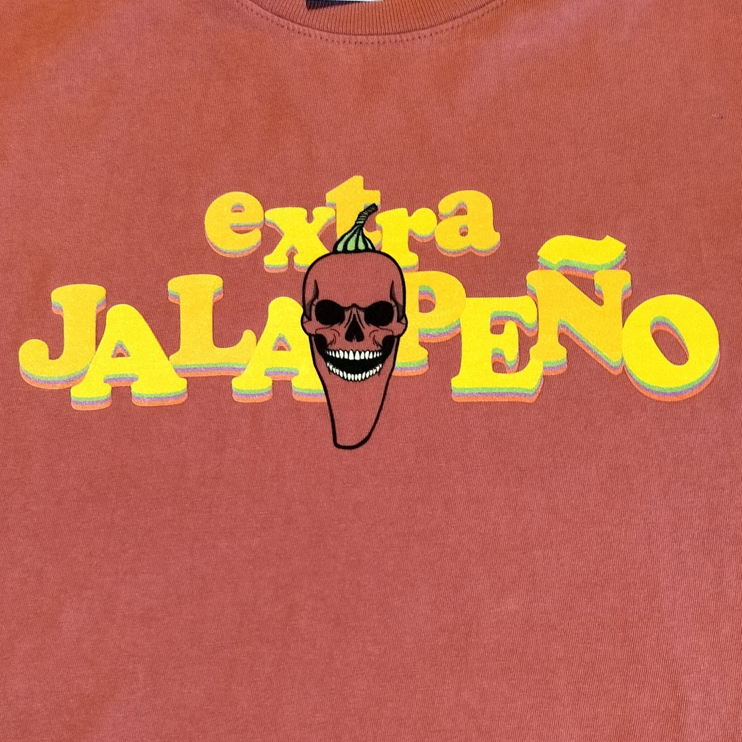 Red Tshirt with 'extra JALAPENO' text and jalapeno pepper graphic on a red background