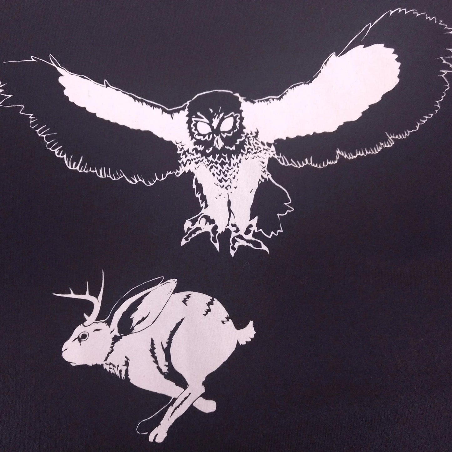 White owl and jackalope illustrations on a black background