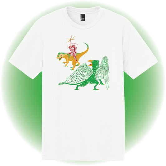 White t-shirt with colorful graphic design of a Samurai, Raptor, and griffon on a green gradient background