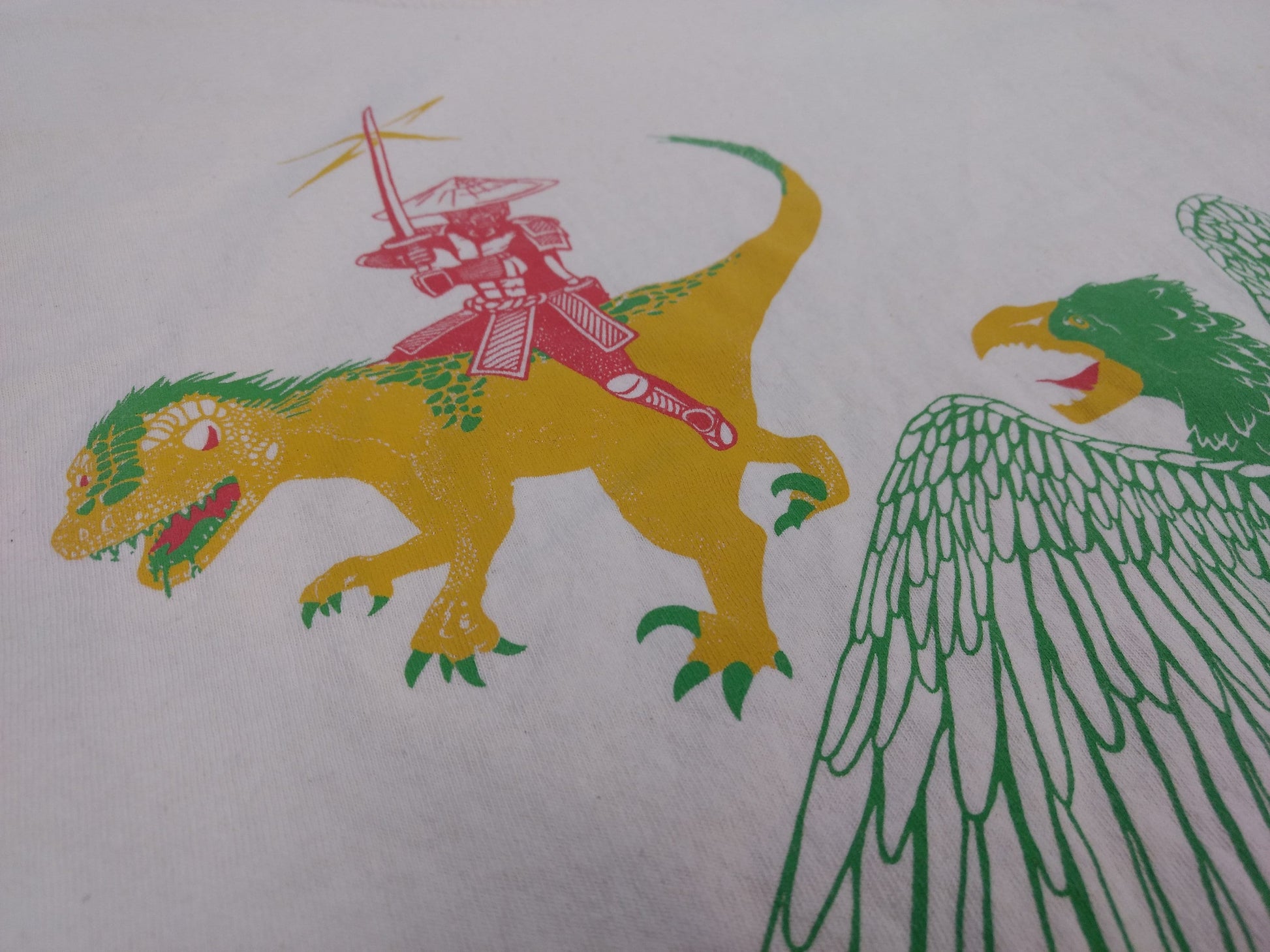 a close up on a raptor and samurai illustration 