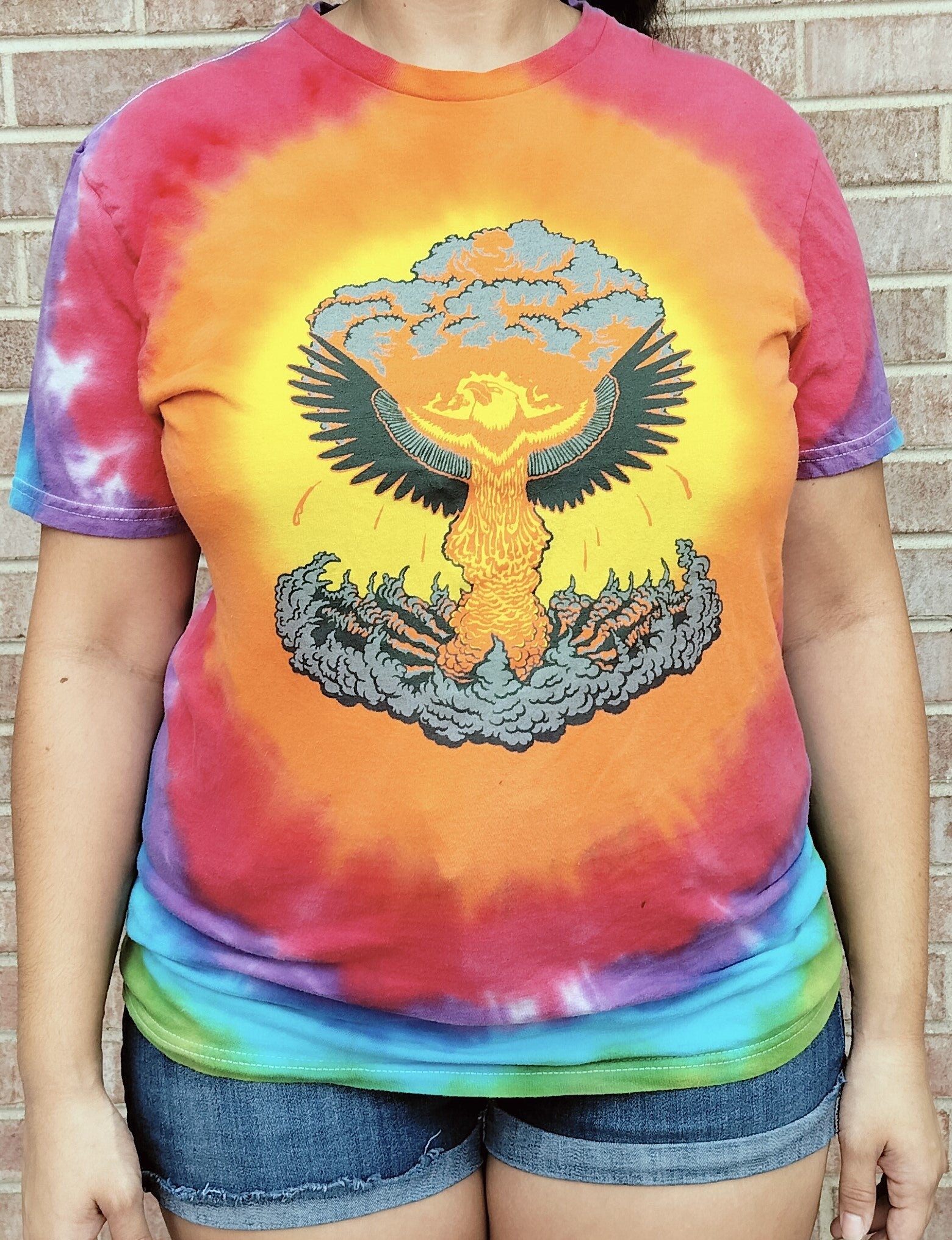 A phoenix rising from a atom bomb worn my a lady with a brick background 