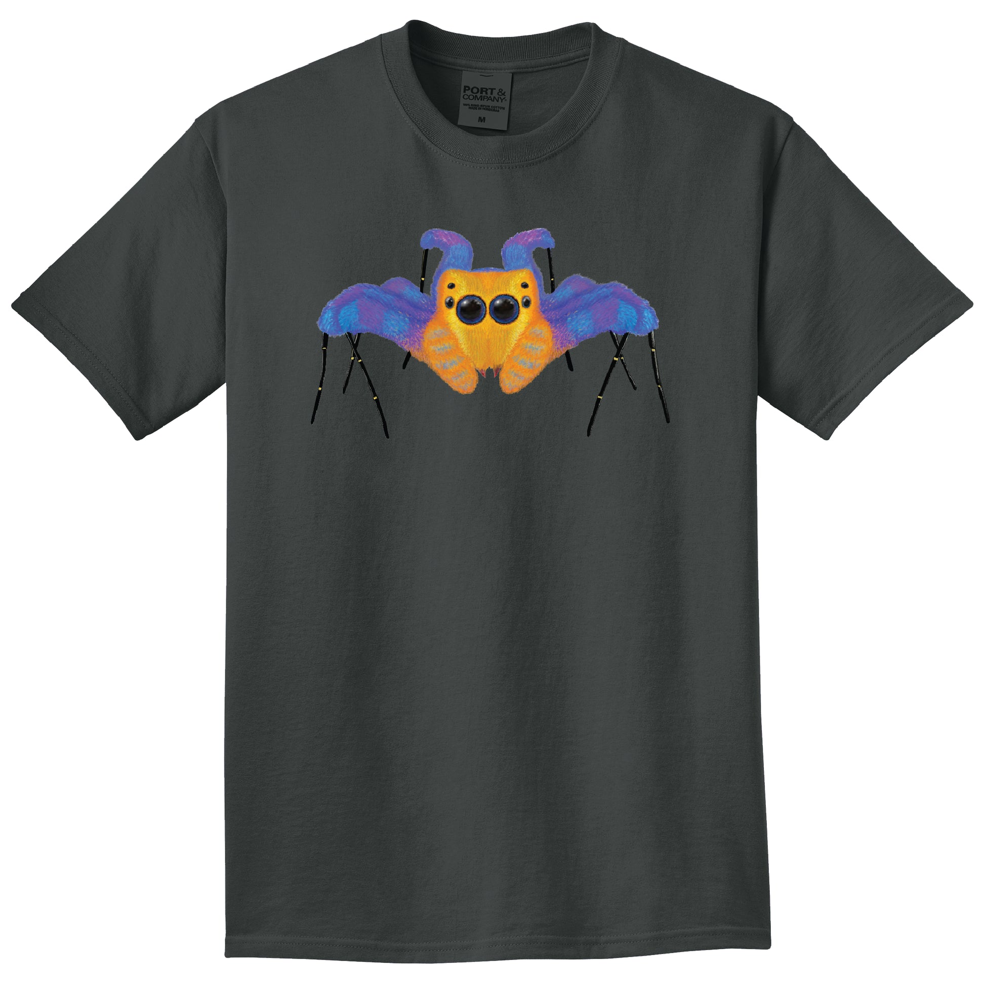 Black t-shirt with a colorful Jumping spider design on a white background