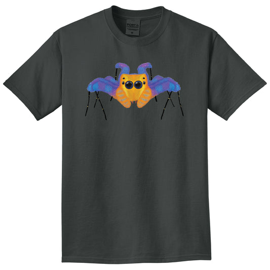 Black t-shirt with a colorful Jumping spider design on a white background