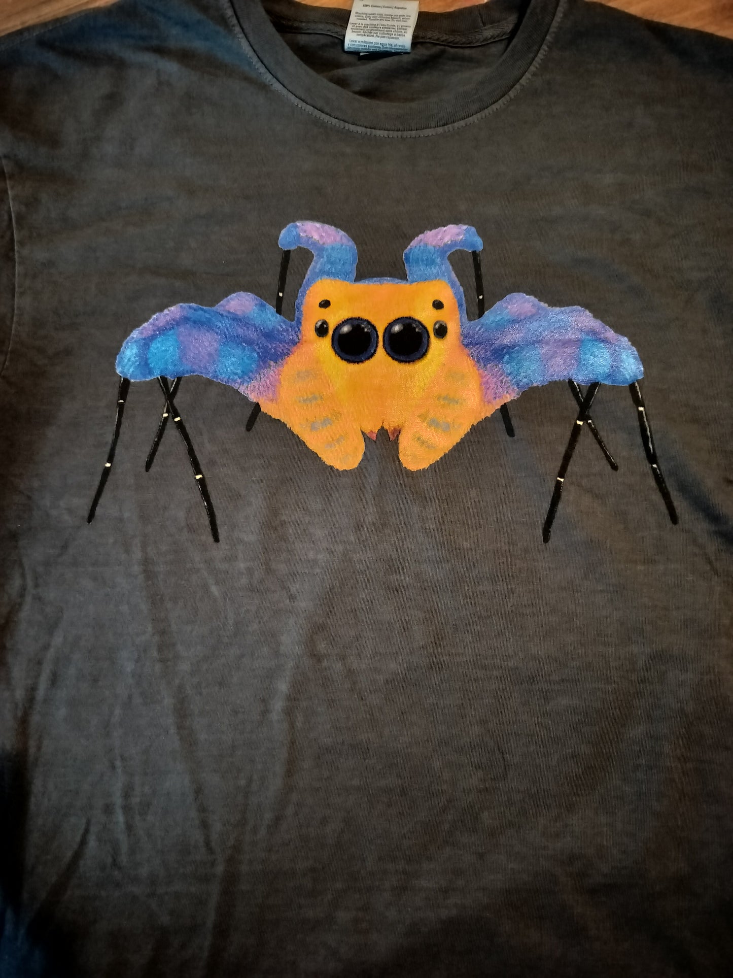 Black t-shirt with a colorful jumping spider design on a plain background