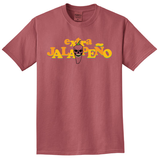 Red t-shirt with 'extra JALAPENO' text and jalapeno graphic on a white background