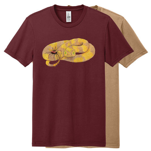 Maroon t-shirt with a snake and spider graphic on a white background