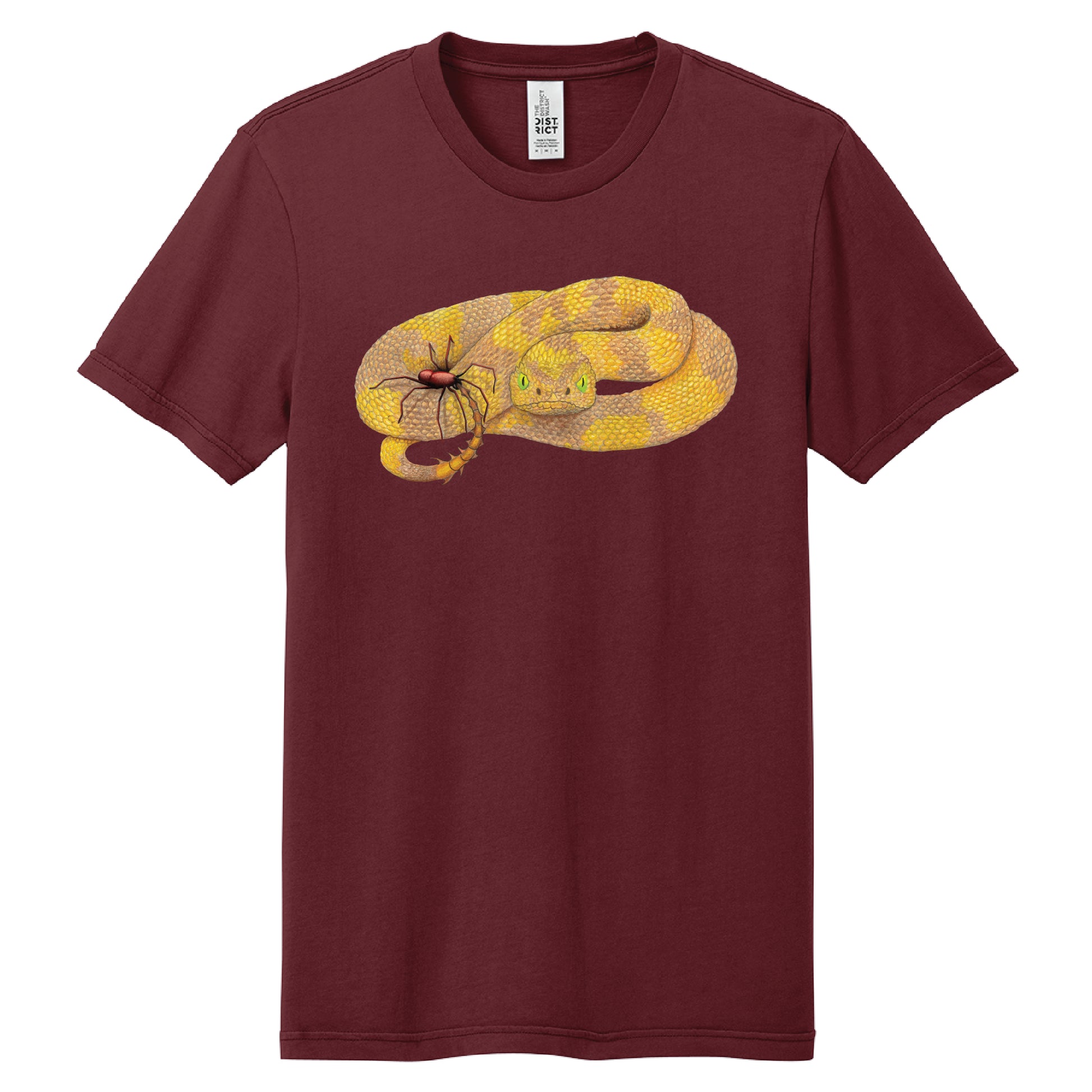 Maroon t-shirt with a yellow snake and red spider graphic on a white background
