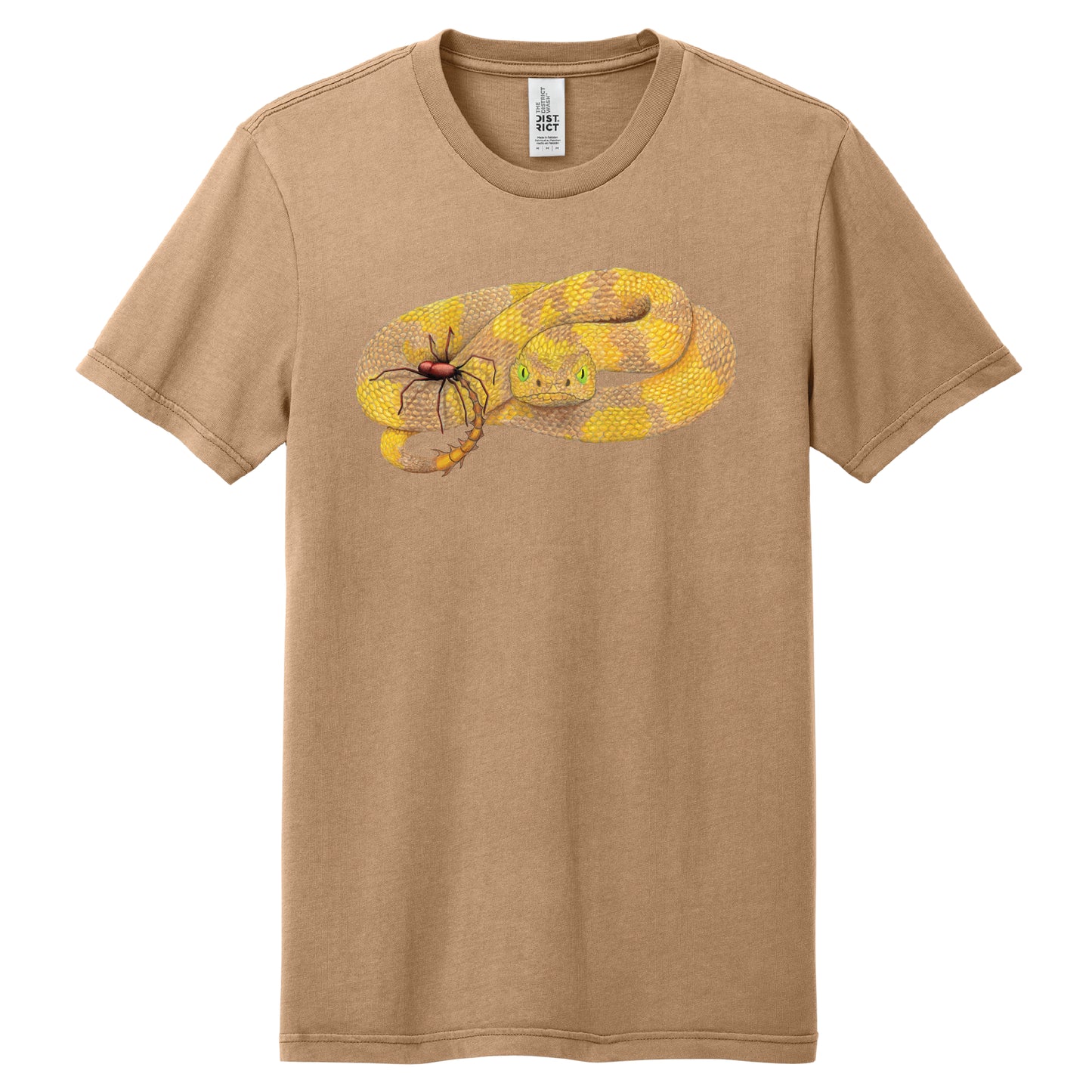 Brown t-shirt with a snake graphic on a white background