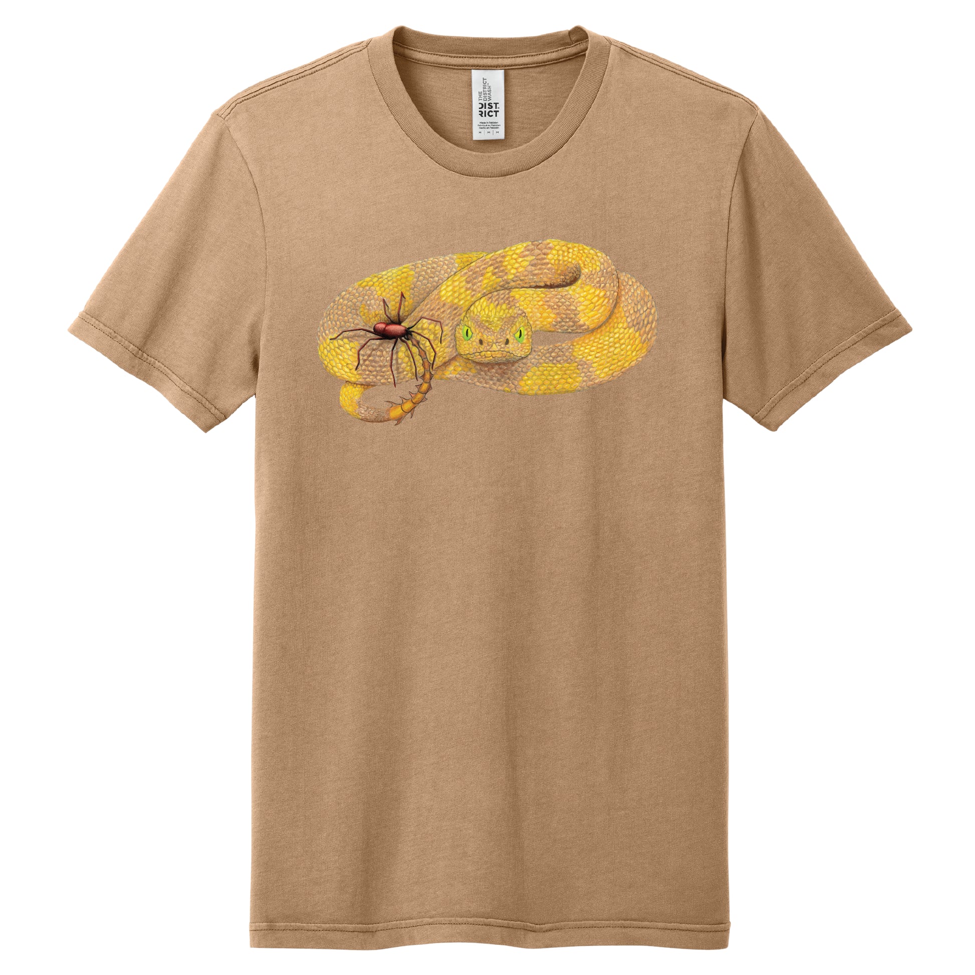 Brown t-shirt with a snake graphic on a white background