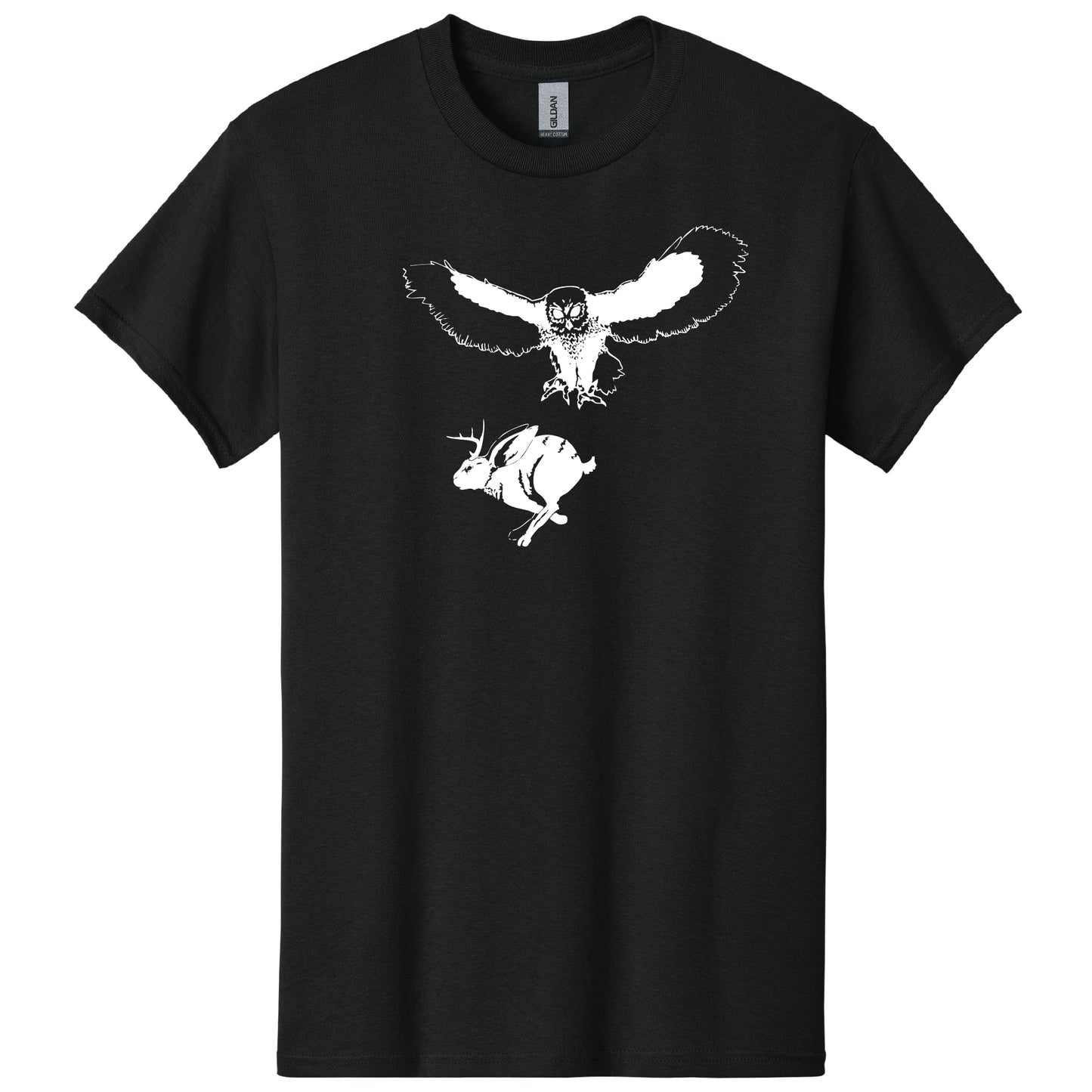 Black t-shirt with a white graphic of an owl and jackalope on a white background