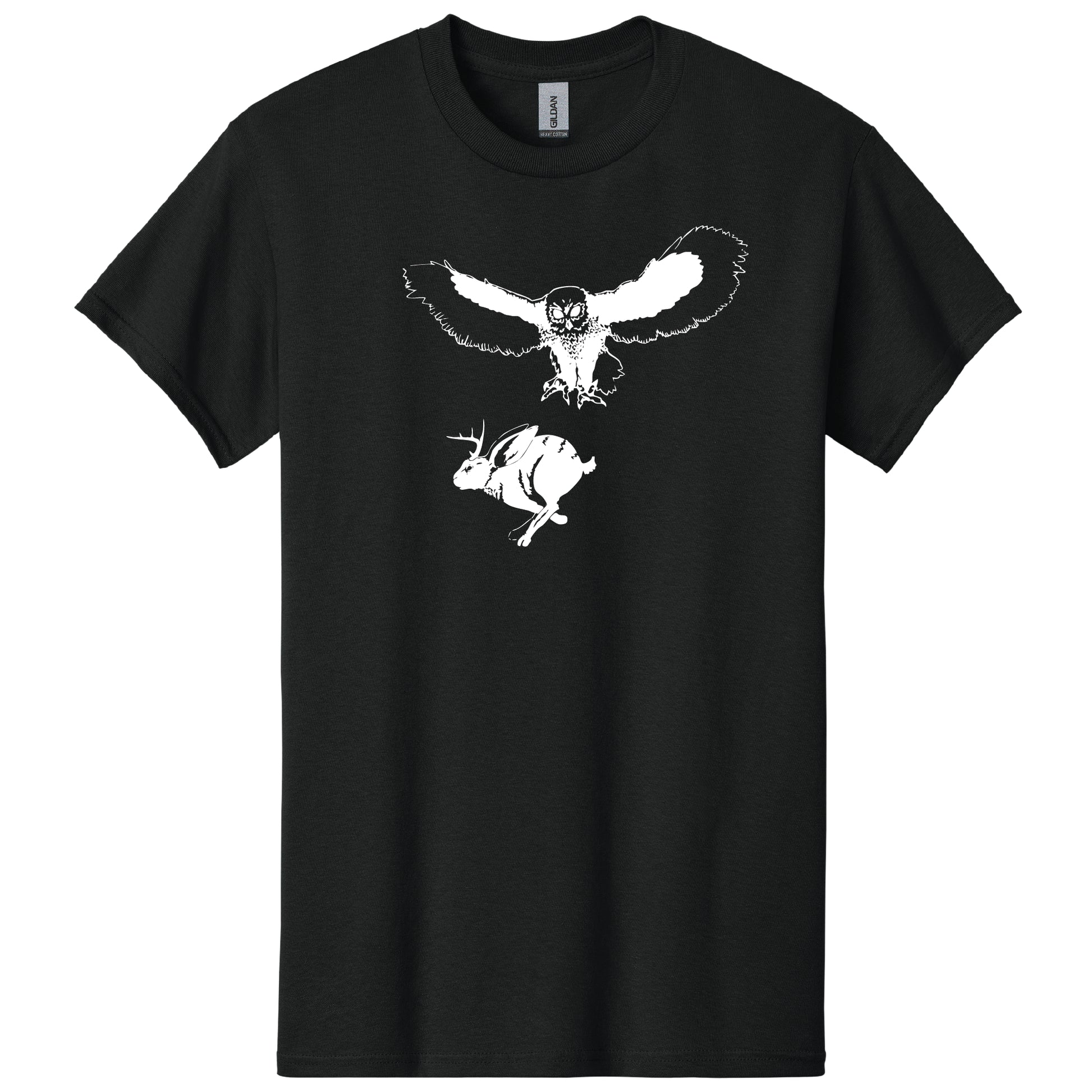 Black t-shirt with a white graphic of an owl and jackalope on a white background