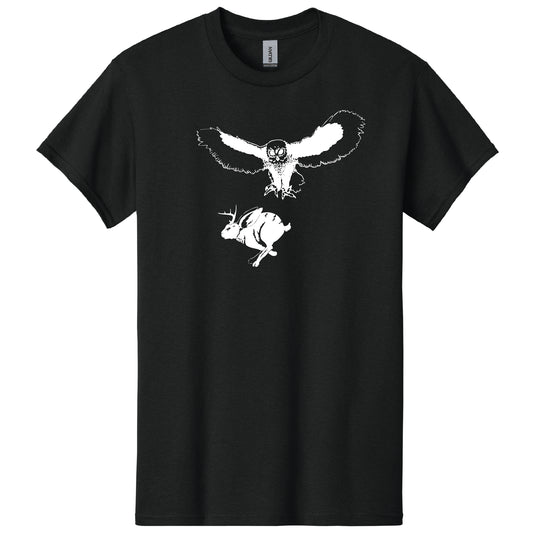 Black t-shirt with a white graphic of an owl and jackalope on a white background