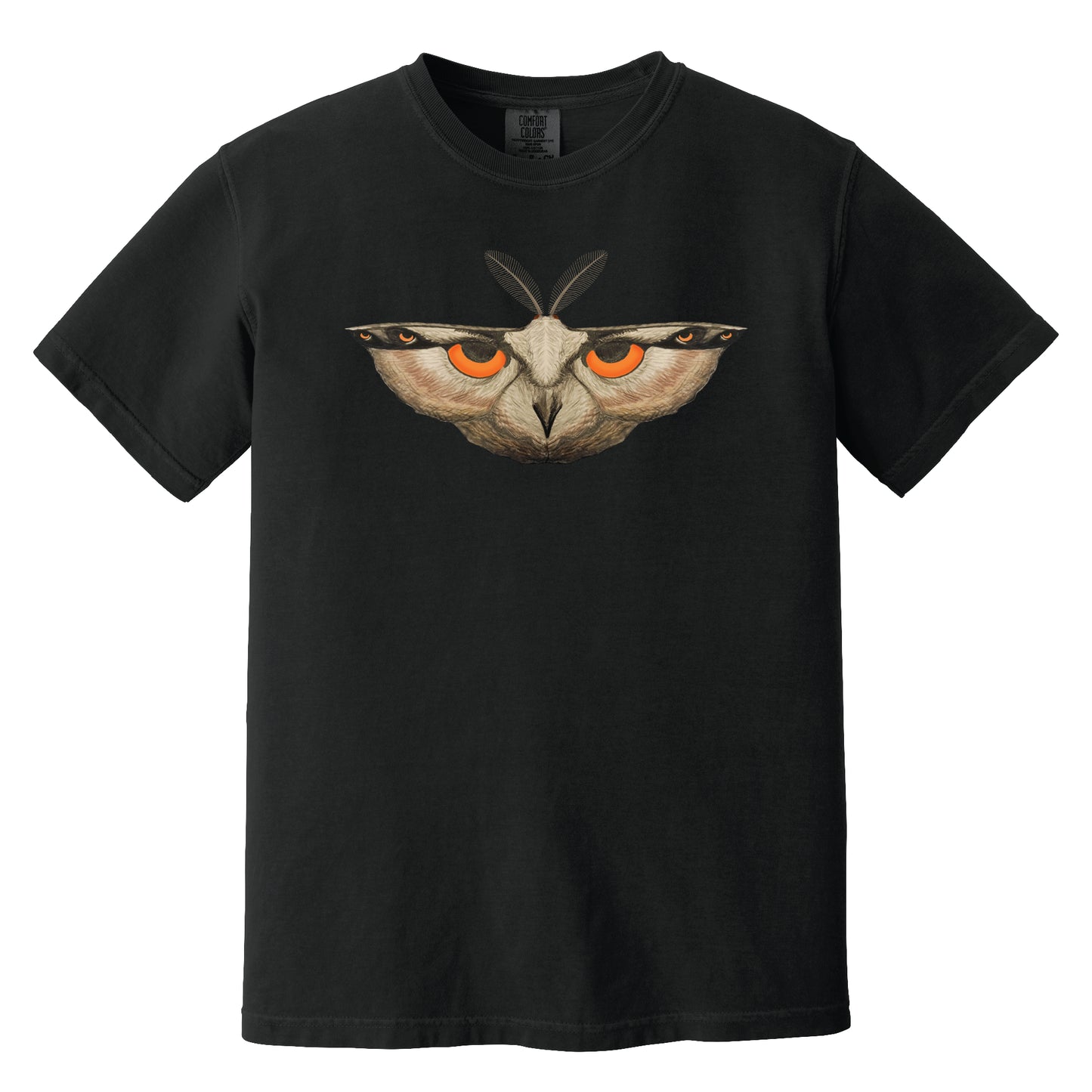 Black t-shirt with a moth graphic featuring orange eyes on a white background