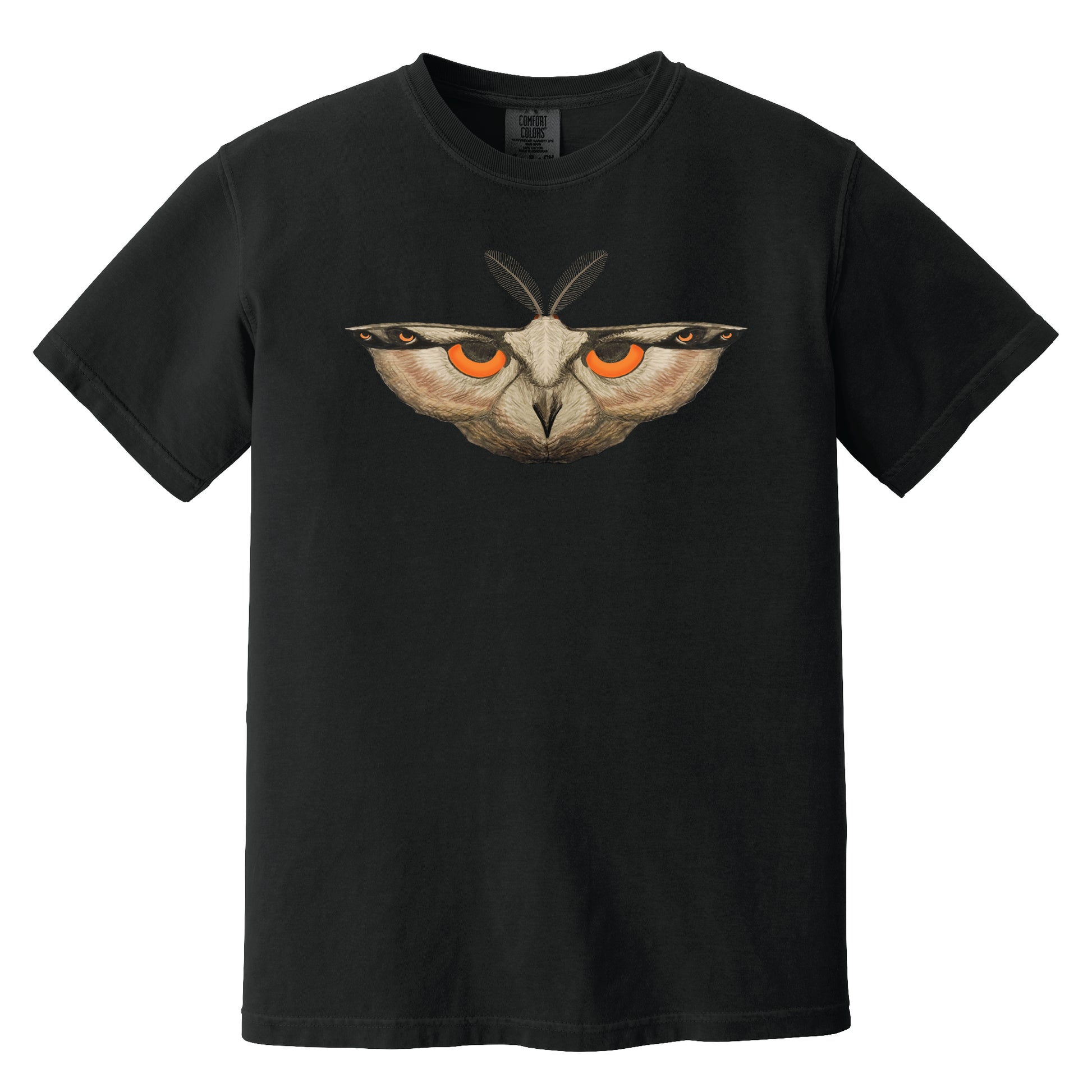 Black t-shirt with a moth graphic featuring orange eyes on a white background