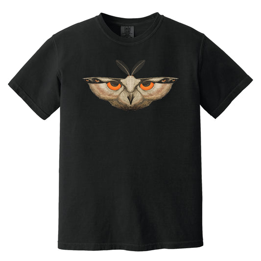 Black t-shirt with a moth graphic featuring orange eyes on a white background