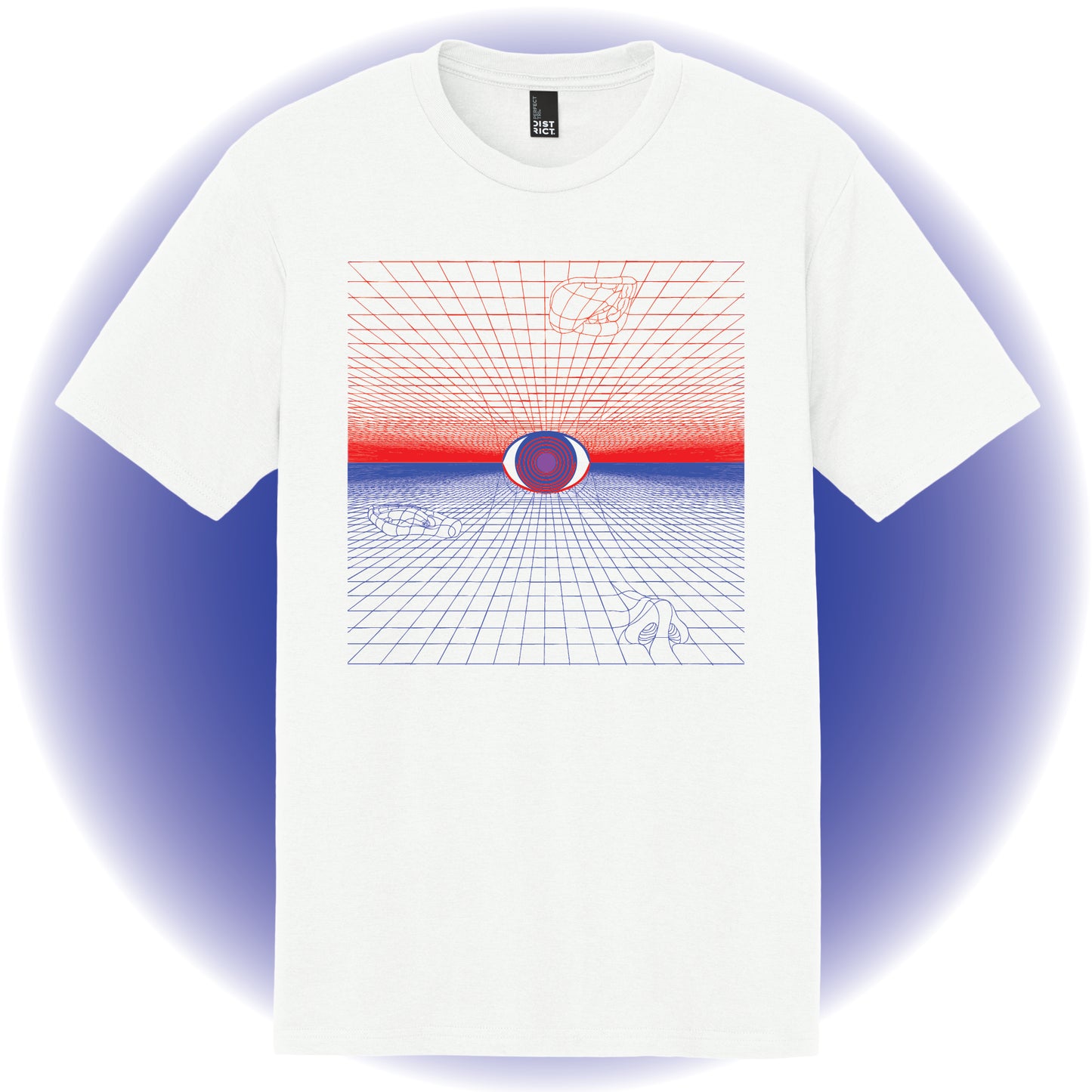 White t-shirt with a meta-physical grid design featuring the 5 senses on a blue gradient background