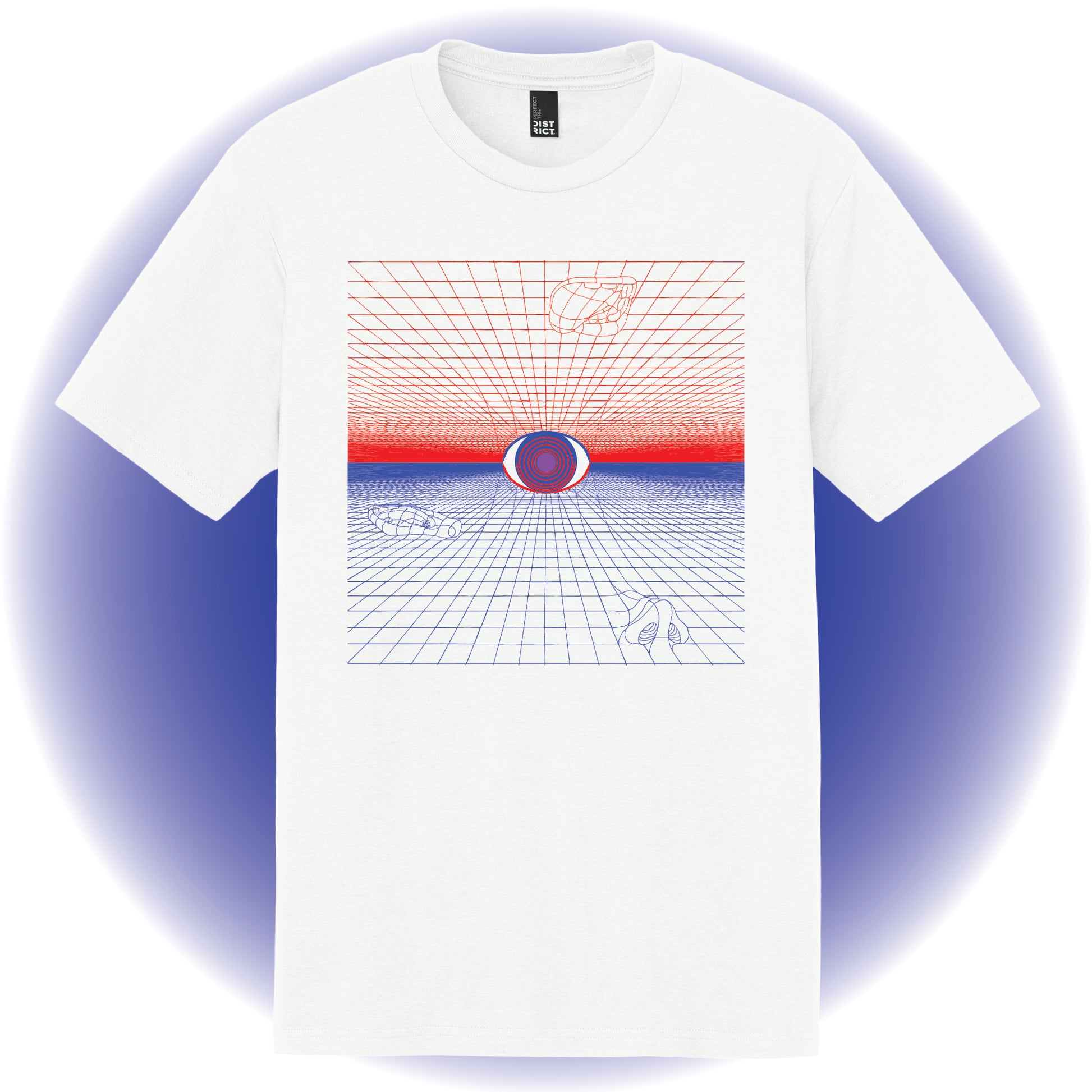 White t-shirt with a meta-physical grid design featuring the 5 senses on a blue gradient background