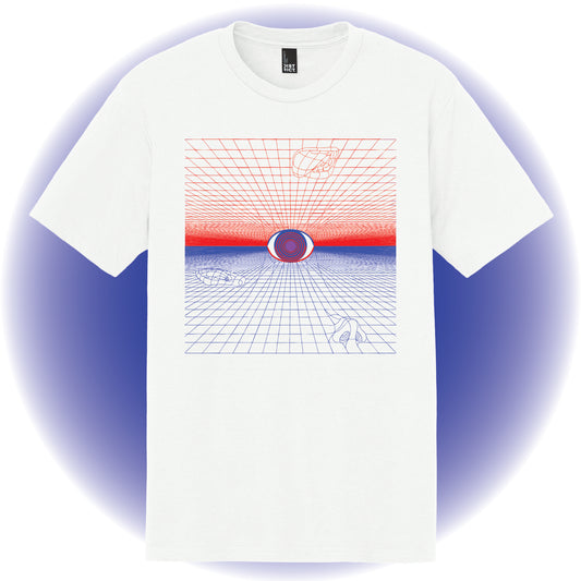 White t-shirt with a meta-physical grid design featuring the 5 senses on a blue gradient background
